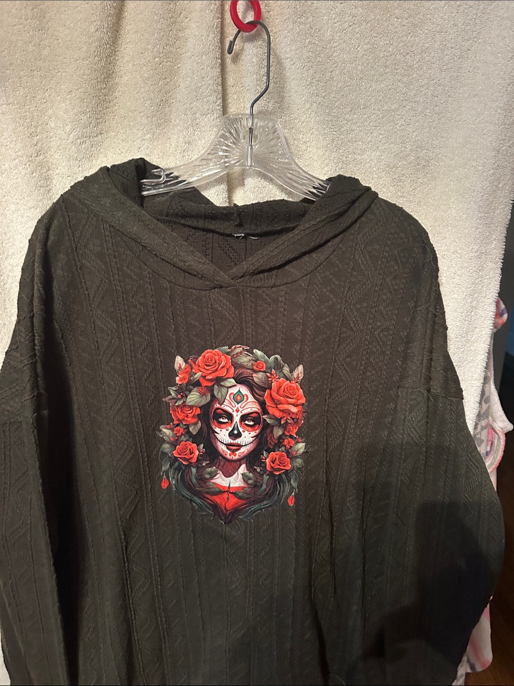 Women's Olive Green Hooded Sweatshirt with Floral Sugar Skull Motif
